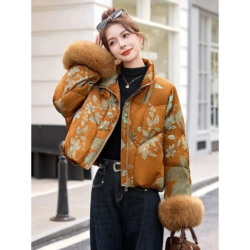 New Chinese-style Short Down Jacket A New High-end Printed Thickened Warm White Duck Down Coat for Women's Winter Fashion Grace.