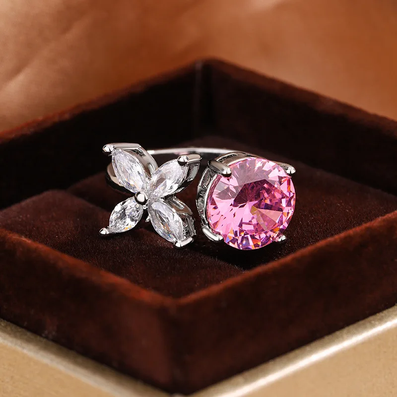 Delicato anello asimmetrico con zircone per donna, argento 925, gioielli con diamanti rosa di alta qualità, regalo di compleanno per feste all'ingrosso