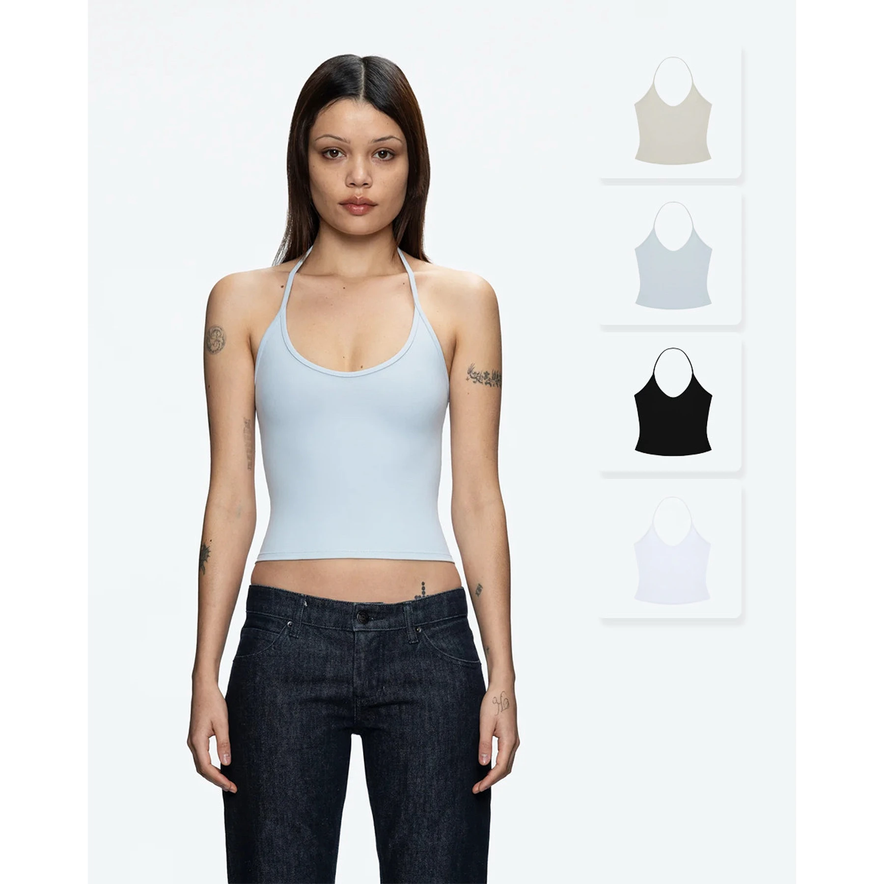 Tank Baby Blue Thin String Necklace Short-Sleeved Backless Top Solid Color Backless Top Dyed With Bean Milk Color Short Top