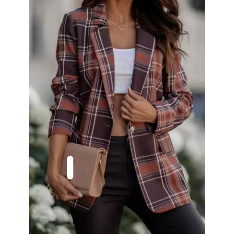 

Women's Fashionable Long Sleeved One Button Plaid Lapel Coat Ladies Casual Plaid Printed Suit Jacket