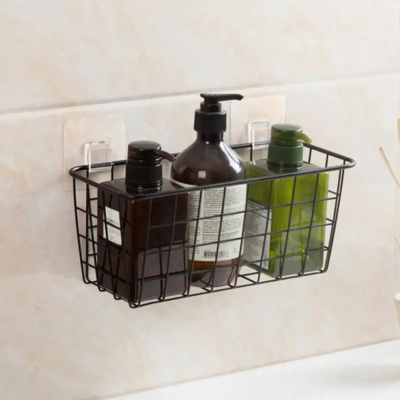 

Metal Grid Wall Hanging Rack Kitchen Bathroom Storage Shelf Home Decor Cosmetic Organizer Shower Shelf Basket with Suction Cup