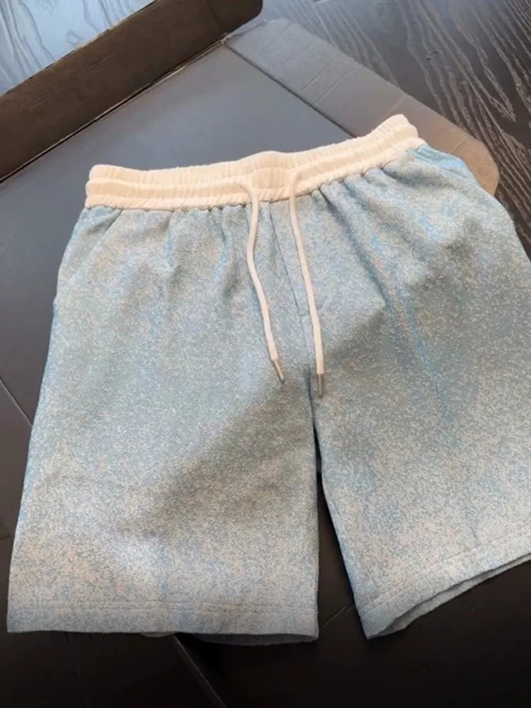 Blue Summer Casual Men's Shorts Beach Vacation Four-Five Split Mid-Waist Loose Fit Polyester Fiber Teenager Spring Season