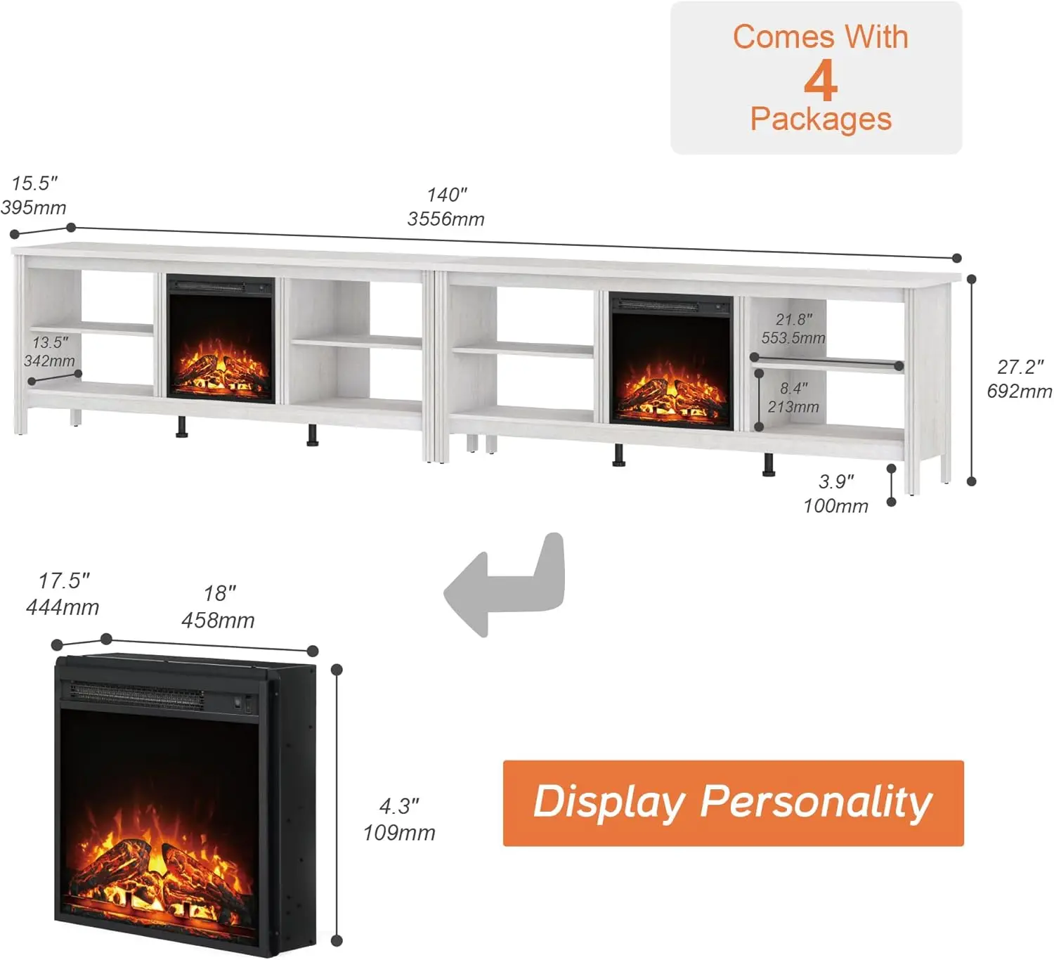 Suporte de tv com lareira elétrica para tv de 100 polegadas, mesa de console de tv branca para tv de 85 90 95 polegadas com inserção de lareira de 18 polegadas