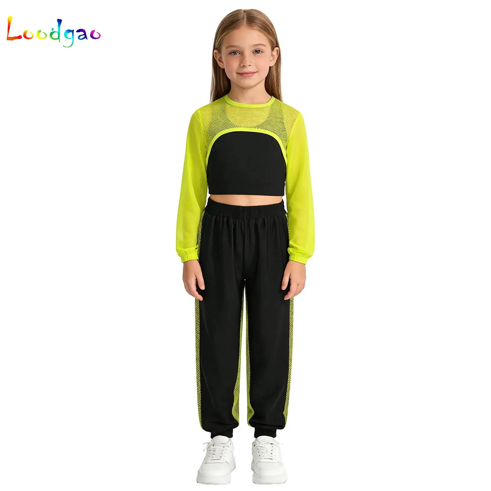 

Kids Girls Group Streetwear Hip-Hop Jazz Modern Dance Outfit Long Sleeve Hollow Out Mesh Crop Top + Vest + Pants Sportswear Set