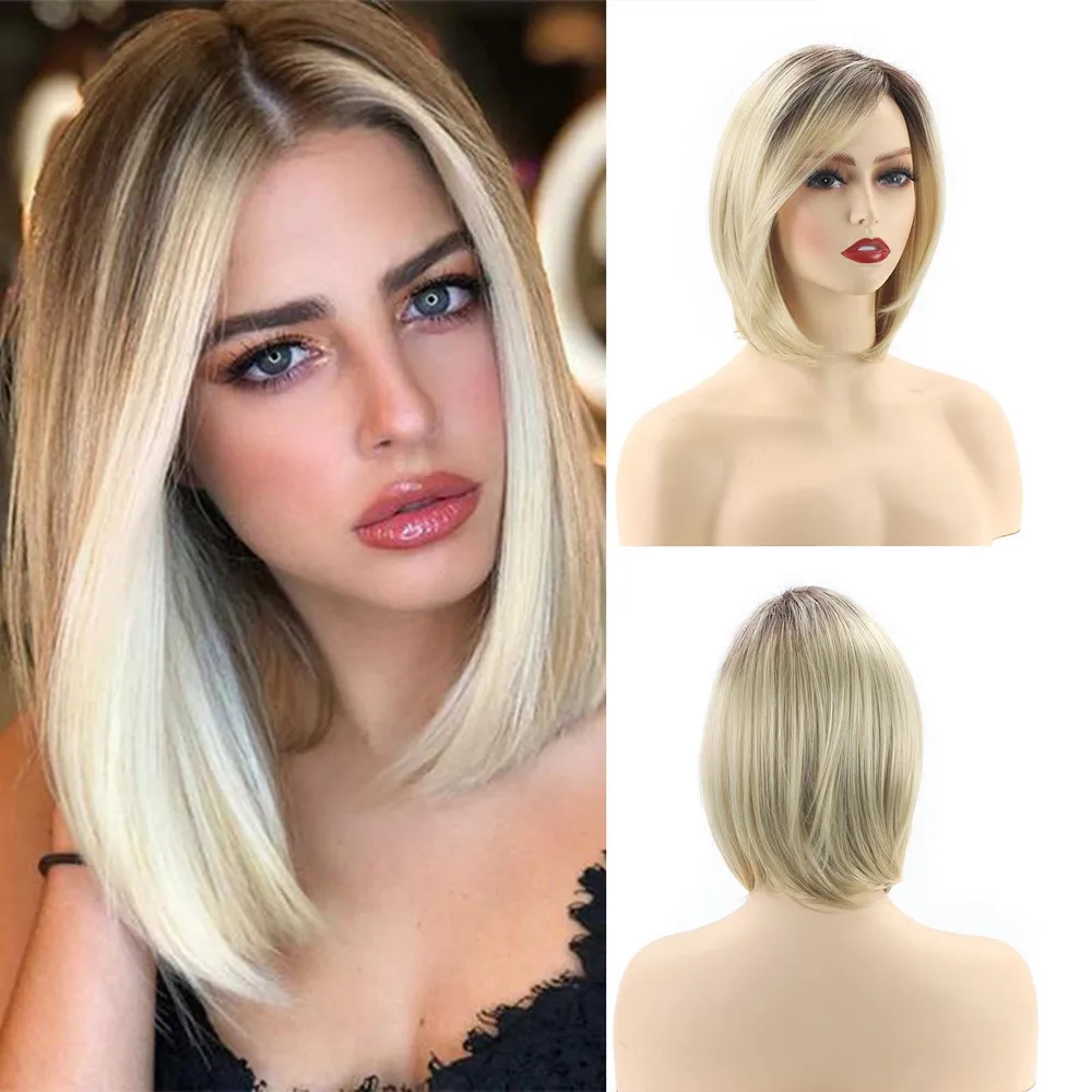 Short Bob Wigs Synthetic Women Fashion Natural Straight Hair Heat Resistant With Dyed Partial Hairstyle Daily Cosplay Use Wig