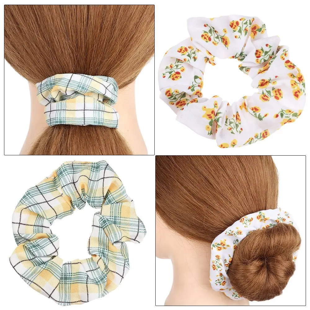 Women Lady Female Flower Hair Accessories LatticePrint Elastic Hairs Ties Yellow Scrunchies Hair Rope Girls Headwear