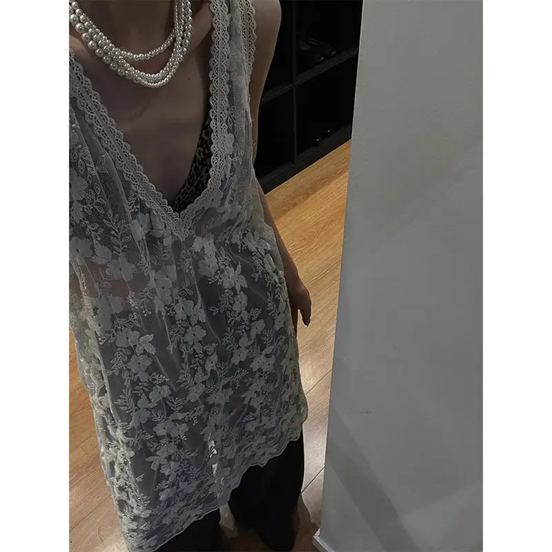 Yedinas V-neck Lace See Through Summer Dress Women Sleeveless Beach Style Korean Fashion Tank Tops Ladies Dresses Loose Chic Y2k