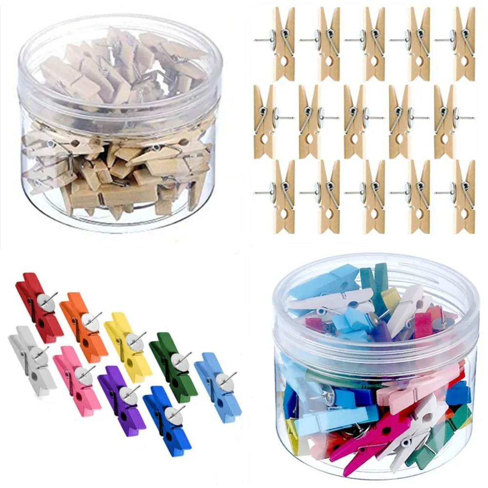 

50Pcs/Box Creative Wooden Clips Push Pin Colorful Decorative Blackboard Push Pins Convenient Durable Thumb Tacks Office