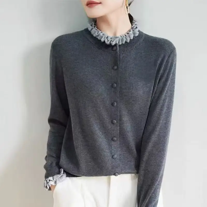 Fungus Collar Knitted Cardigan Women's 2025 Autumn Clothes New Loose Outer Fashion Long-Sleeved Sweater Jacket