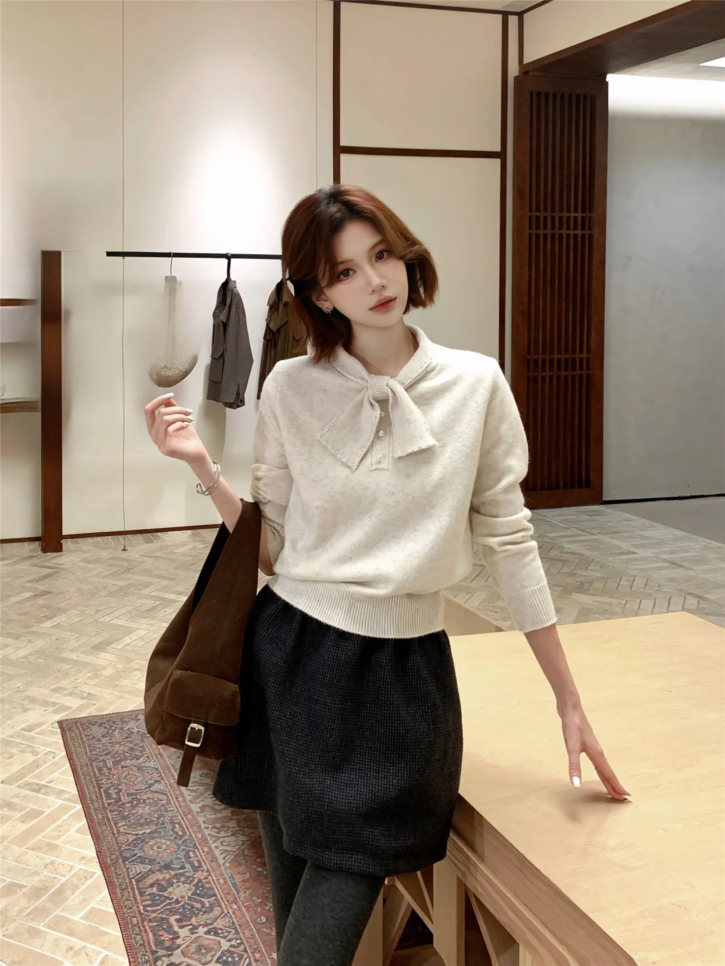 

Women's Loose Knitted Sweater with Belt Bear Velvet Long Sve Warmthly Faionable Commute Sle Polyester Blend Knitwear
