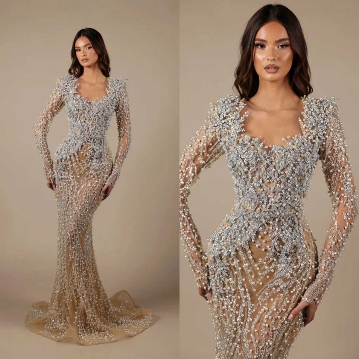 

Exquisite Mermaid Wedding Dresses Pearls Crystal Bridal Gowns Sequins Long Sleeveless Illusion Customized Vestidos De Novia