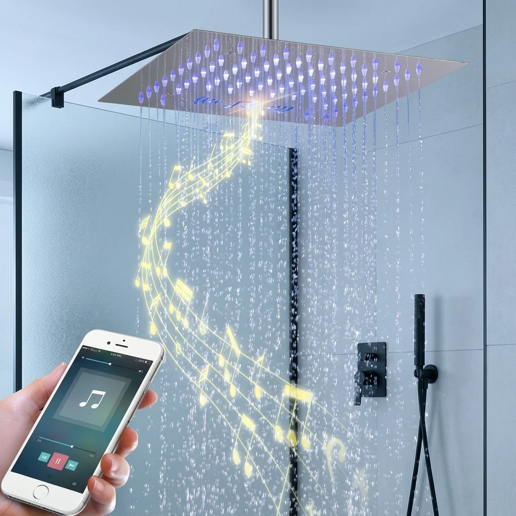 12 Inch Brass LED Music Rain Shower Head Set-Wall-Mounted Thermostatic Mixer with Button Control & Side Jet for Hotel Use