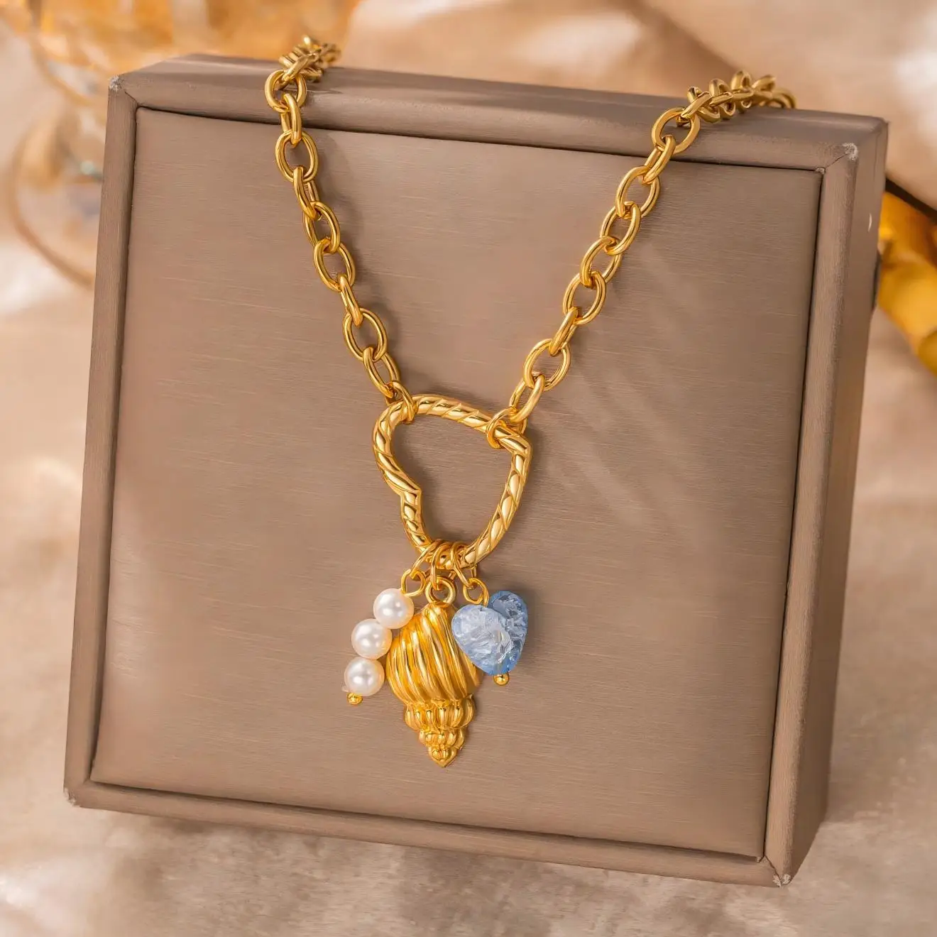 

Blue Heart Pendant Necklace for Women, 18K Gold Stainless Steel Chain with Shell Pearl Accent, Delicate Romantic Birthday Gift