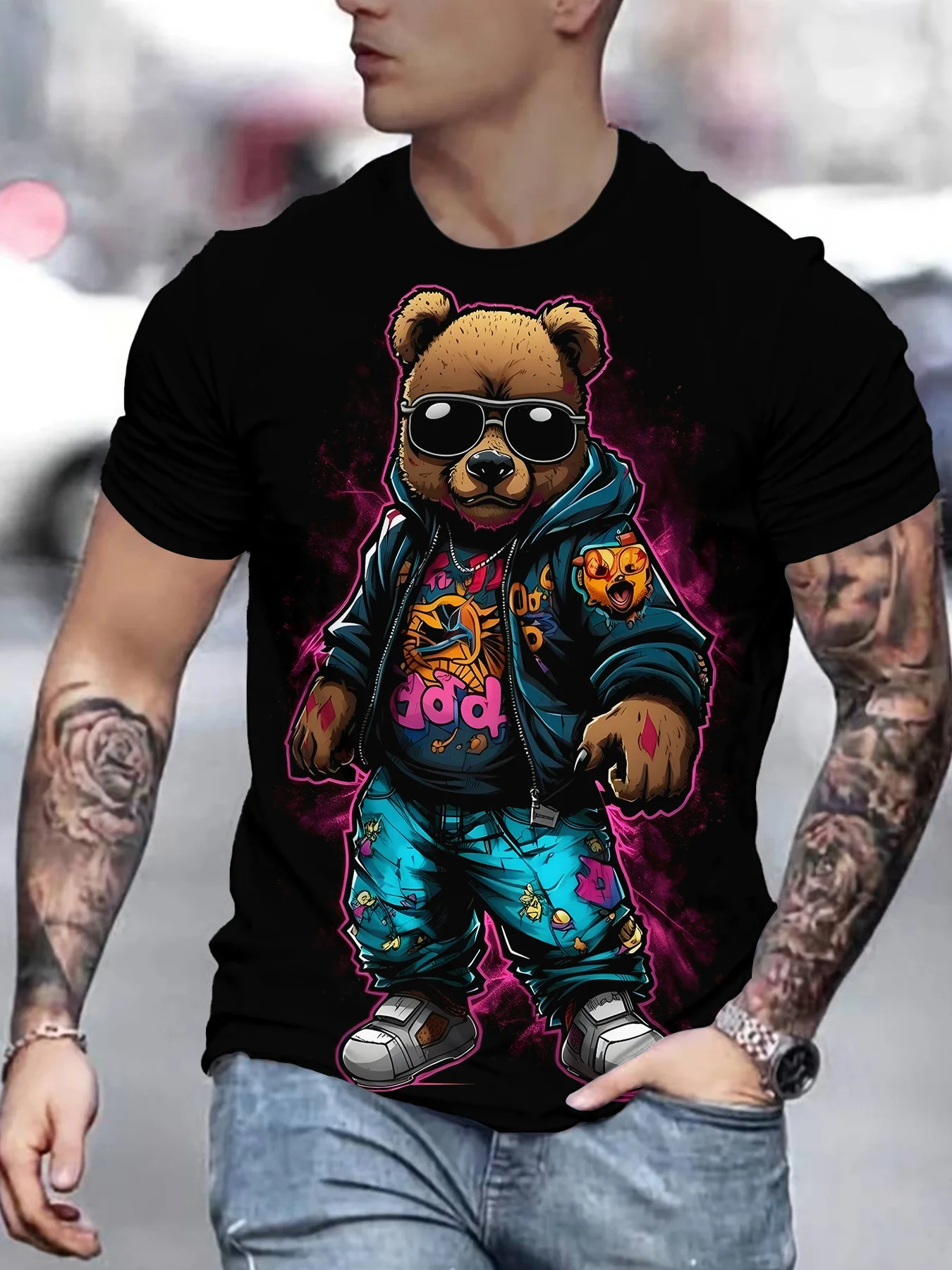 T-shirt streetwear Cyber Bear noir pour homme - T-shirt décontracté à manches courtes et col rond avec impression graphique d'ours cool, lavable en machine