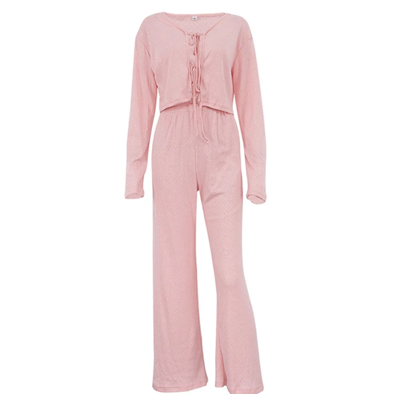 Breathable Jacquard Long-Sleeved Exposed Navel Lace-Up Pajamas And Trousers Two-Piece Lady Versatile Suit Autumn Loungewear Suit