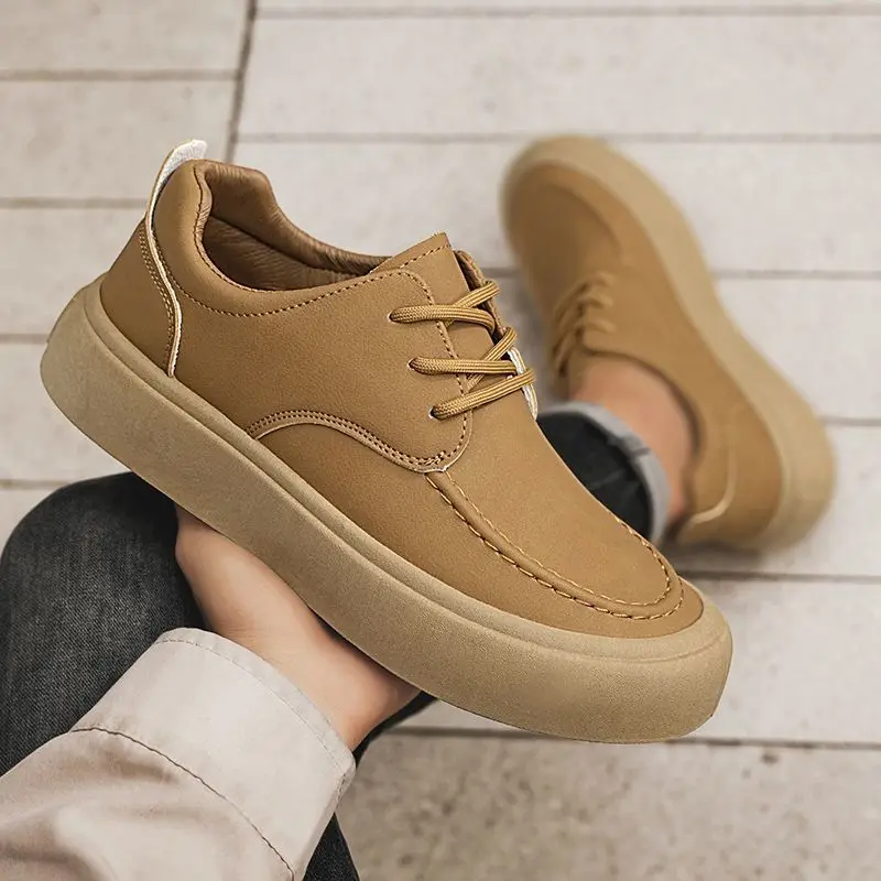 

Мужские кожаные туфли на толстой платформе со шнуровкой, коричневые однотонные социальные туфли из искусственной кожи, размер 44, классическая оригинальная модная мужская повседневная обувь 2025 года