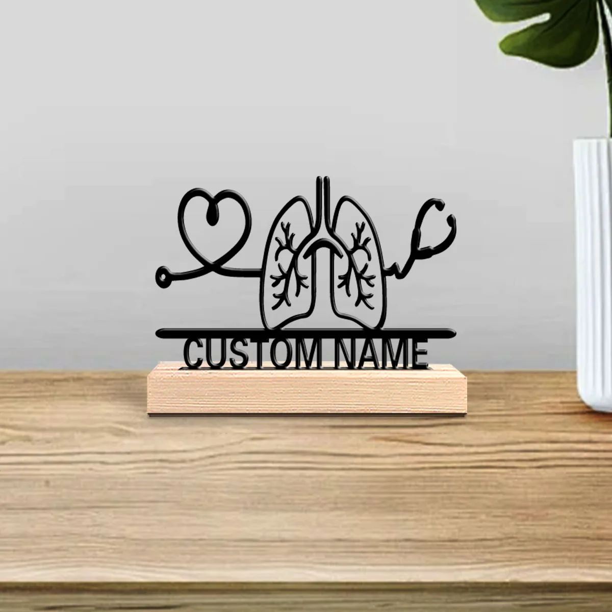 1pc Fashion Stethoscope Customizable Letter Metal Statue Art Crafts With Wood Base Tin Ornament With Wood Base Office Desk