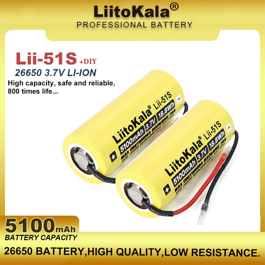 1-5PCS Liitokala 26650 5100mAh high Capacity Li-ion 3.7v Rechargeable Battery 20A Discharge 3.6V Power batteries + DIY Cable