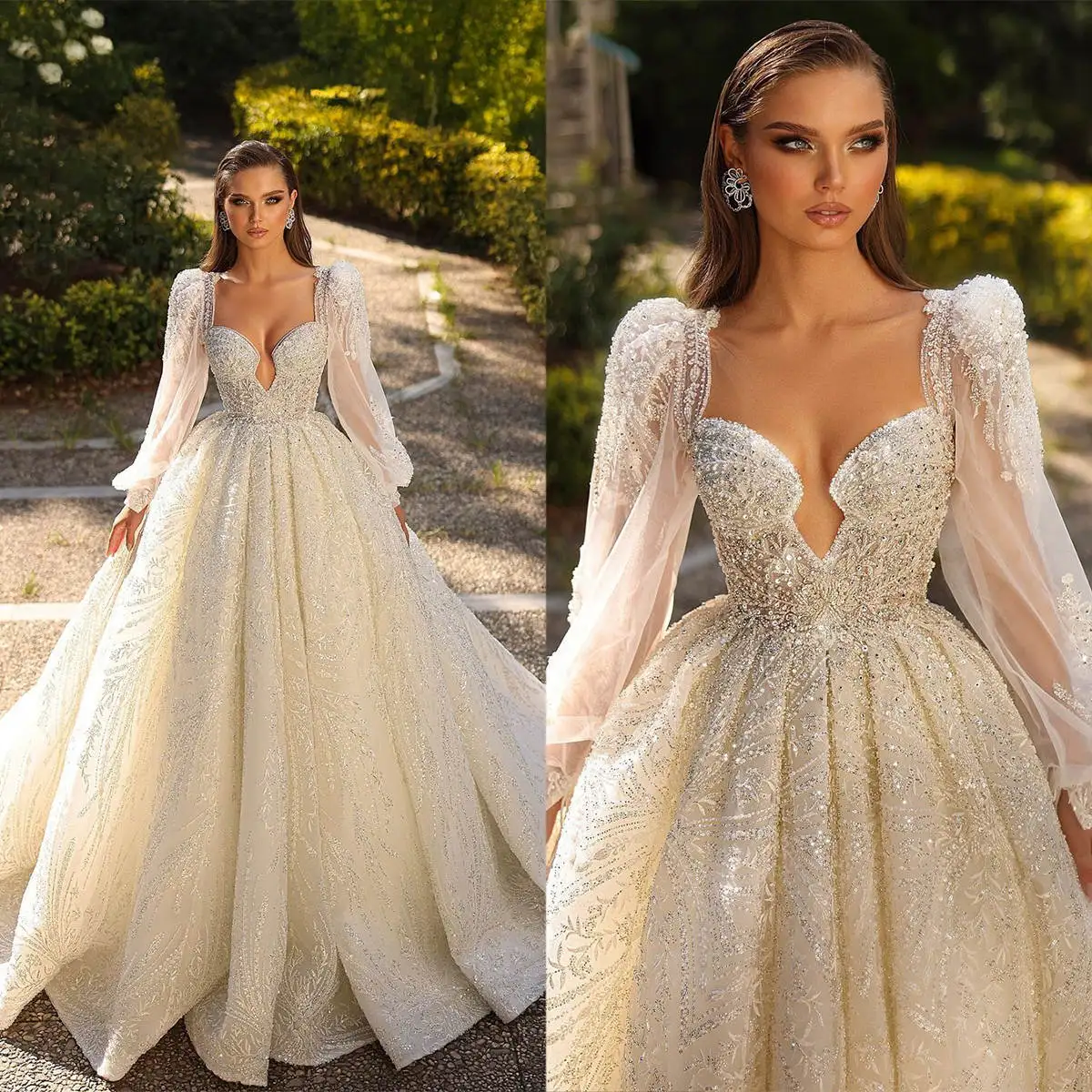 

Illusion Ball Gown Wedding Dresses Strapless Appliques Beads Sequined Long Sleeve Bridal Gowns Vestido de novia Custom Made