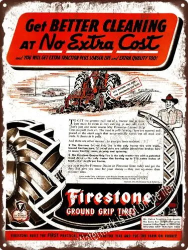 1944 Firestone Ground Grip Tractor Tires Farm Cowboy Metal Sign 9x12