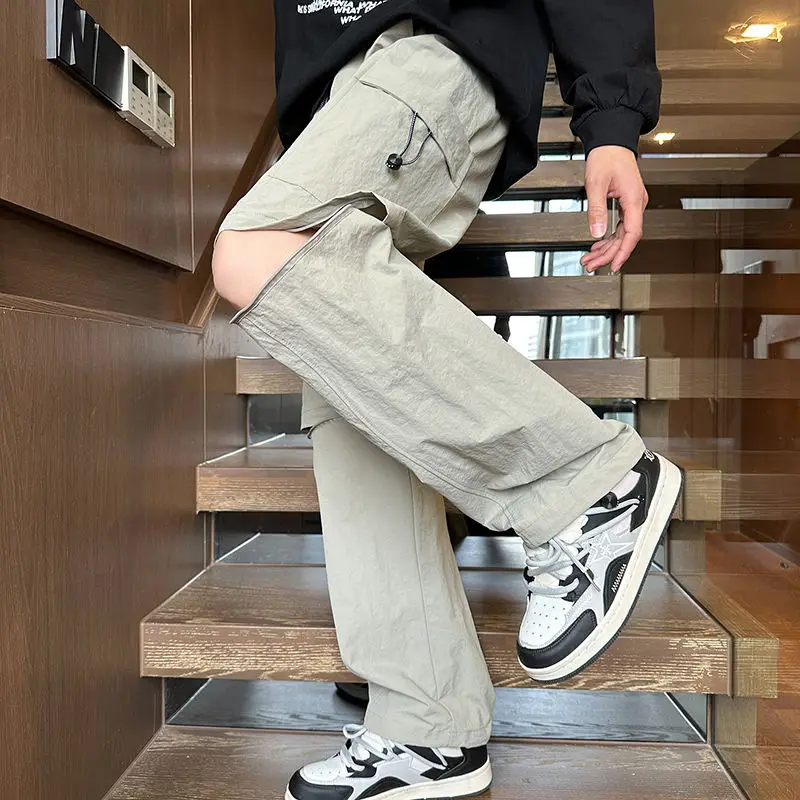 American High Street Trendy Patchwork Casual Cargo Pants Men Elastic Waist Pocket Quick Drying Loose Sports Straight Trousers