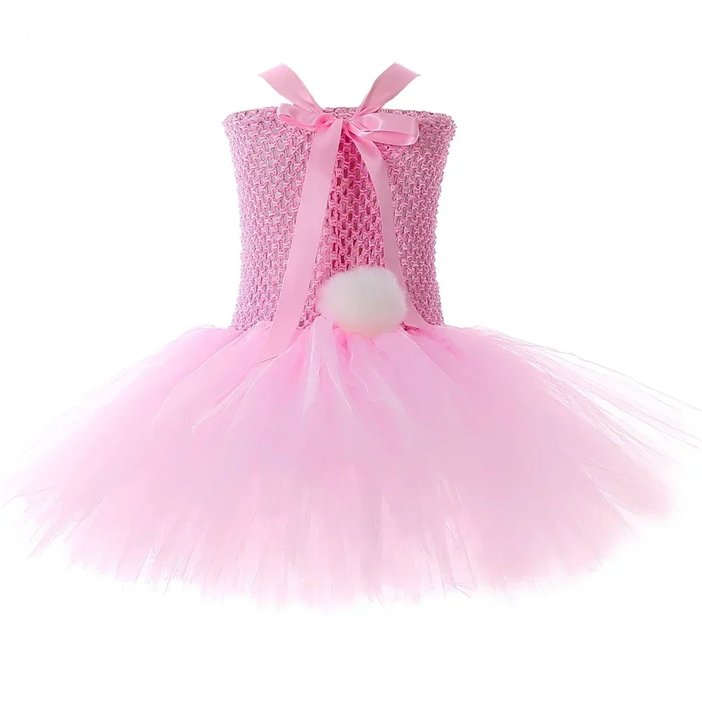 Pink Bunny Costume for Girls Cute Easter Rabbit Tulle Tutu Dress Toddler Kids Halloween Birthday Party Princess Dress Up Clothes
