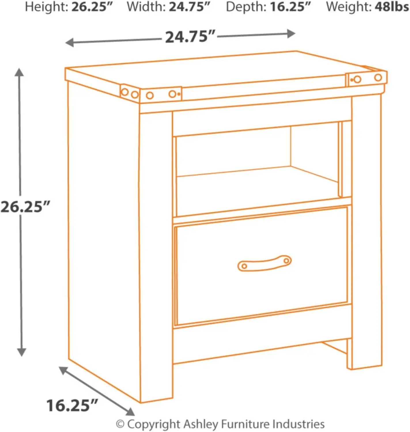 Diseño de Ashley Trinell Mesita de noche rústica con 1 cajón y estaciones de carga USB, 26,22 pulgadas de alto, marrón cálido