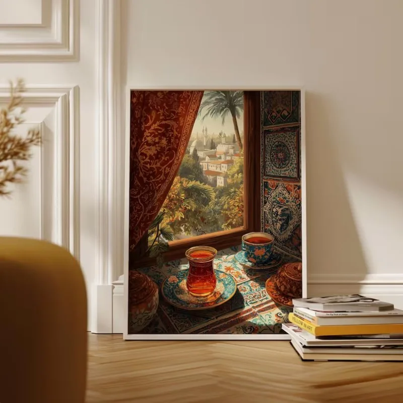 1pc frameless Vintage Oriental Tea Turkish Food Middle Eastern Turkey Architecture Illustration Canvas Poster Wall Art Pictures