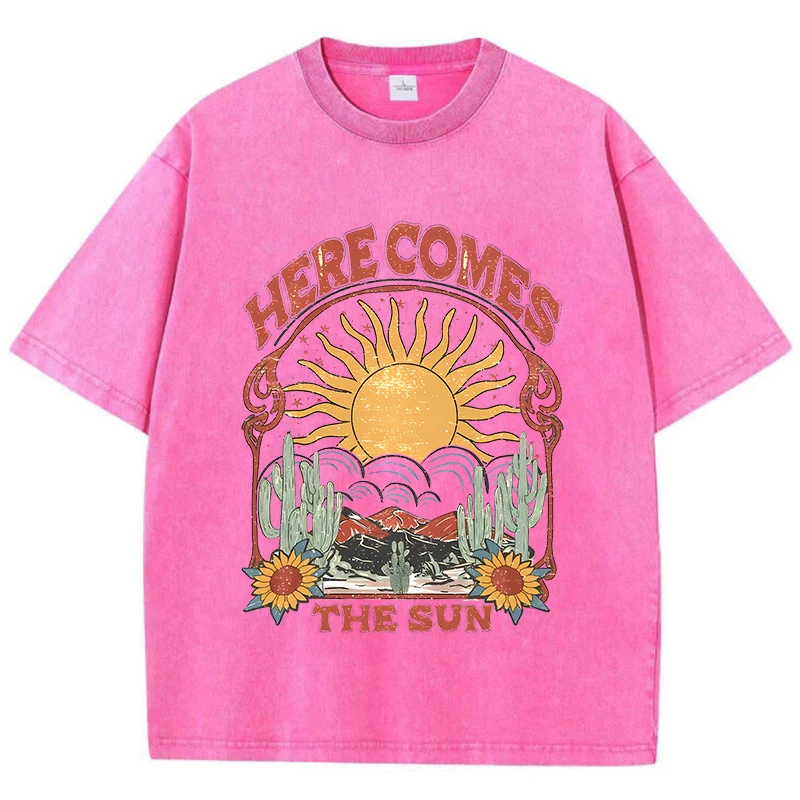 Vintage Womens Acid Wash T-Shirts Here Comes The Sun Printing Tees Crewneck Cotton Oversize Short Sleeve Fashion Female Clothes