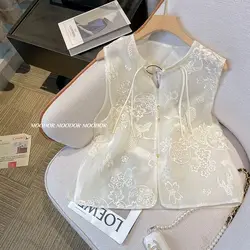 Chinese Style Short Vest Embroidered Buckle Sleeveless Jacket Shoulder Women's Top Summer Thin Temperament Elegance Vests