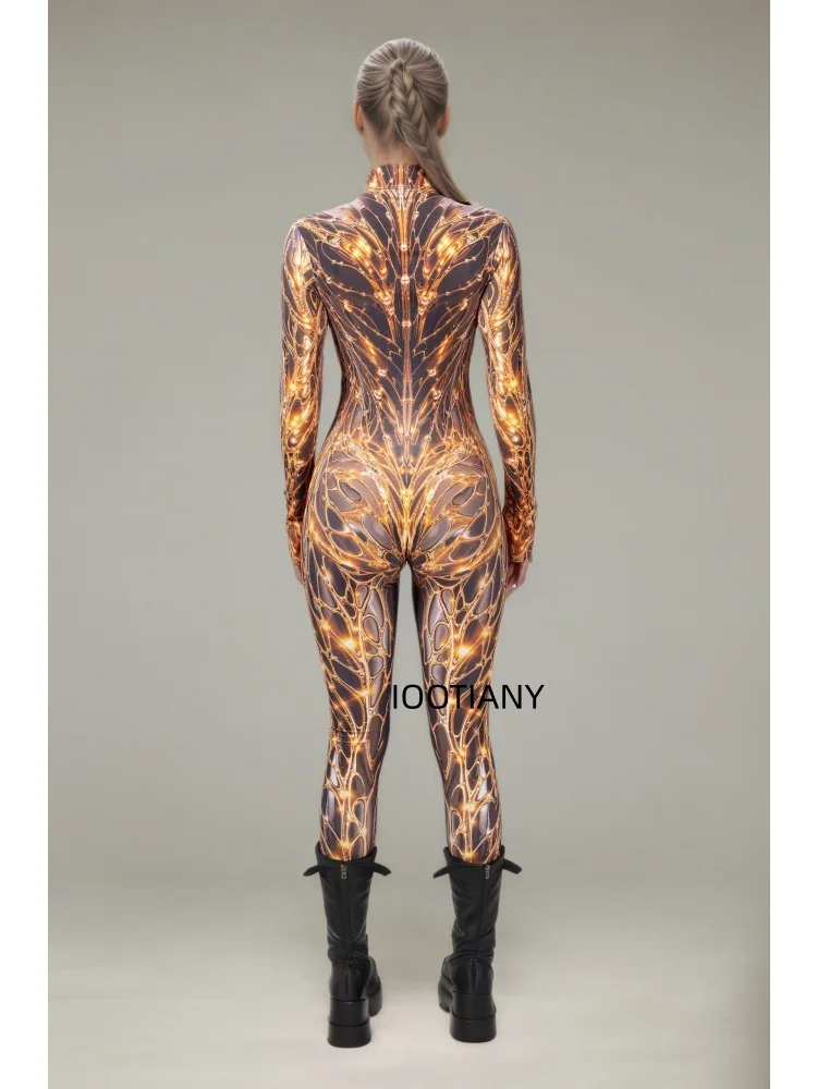 Luxuriöser Goldener Spiralblumen-Galaxie-Print Mesh-Bodysuit für Damen Sexy Cosplay Catsuit Rave Club Nachtclub Festival Mode-Jumpsuit – Detail 13