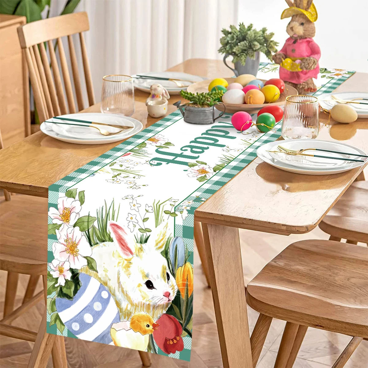 Happy Easter Table Runner Easter Decorations 2024  For Home Table Bunny Eggs Polyester Table Runner 180x35cm Easter Party Decor