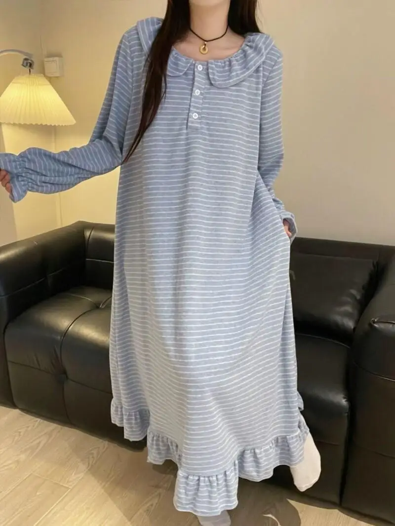 autumn winter Women's pajamas fleece-lined keep warm minimalist stripe Sleepwear leisure long style nightdress girl homewear