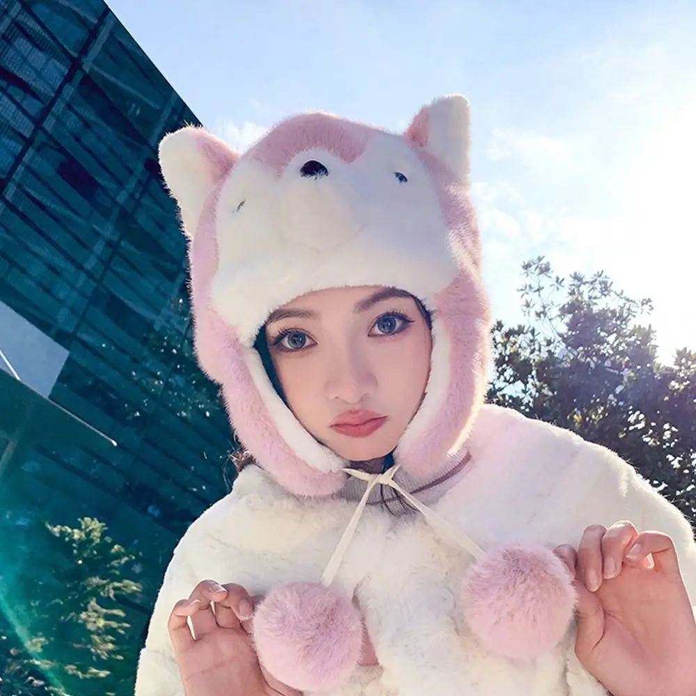 New Cartoon Husky Plush Hat Winter Keep Warm Pullover Hats Outdoor Riding Windproof Ear Protection Cap