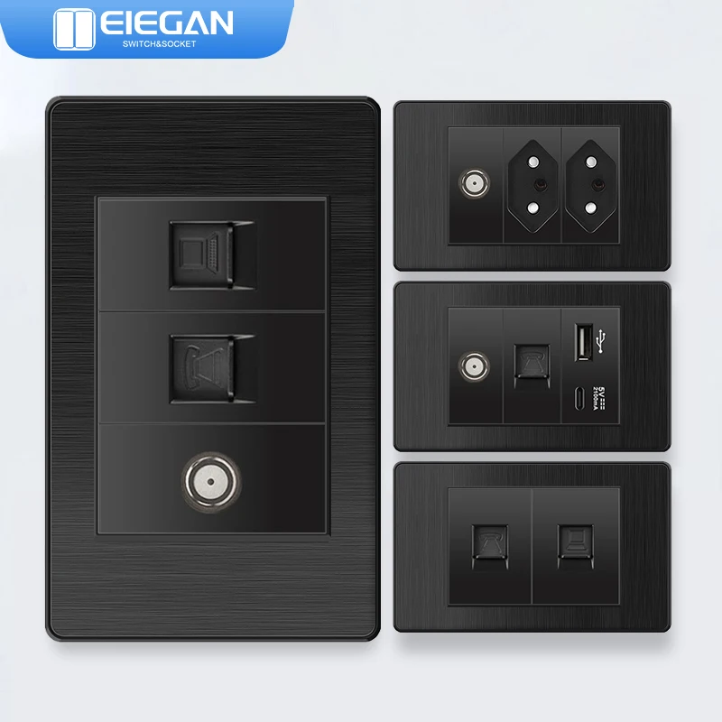 ELEGAN 118mm*74mm Black PC Drawing Panel Brazil Standard Series Combination Socket Switch Universal Wall Computer TEL TV Socket