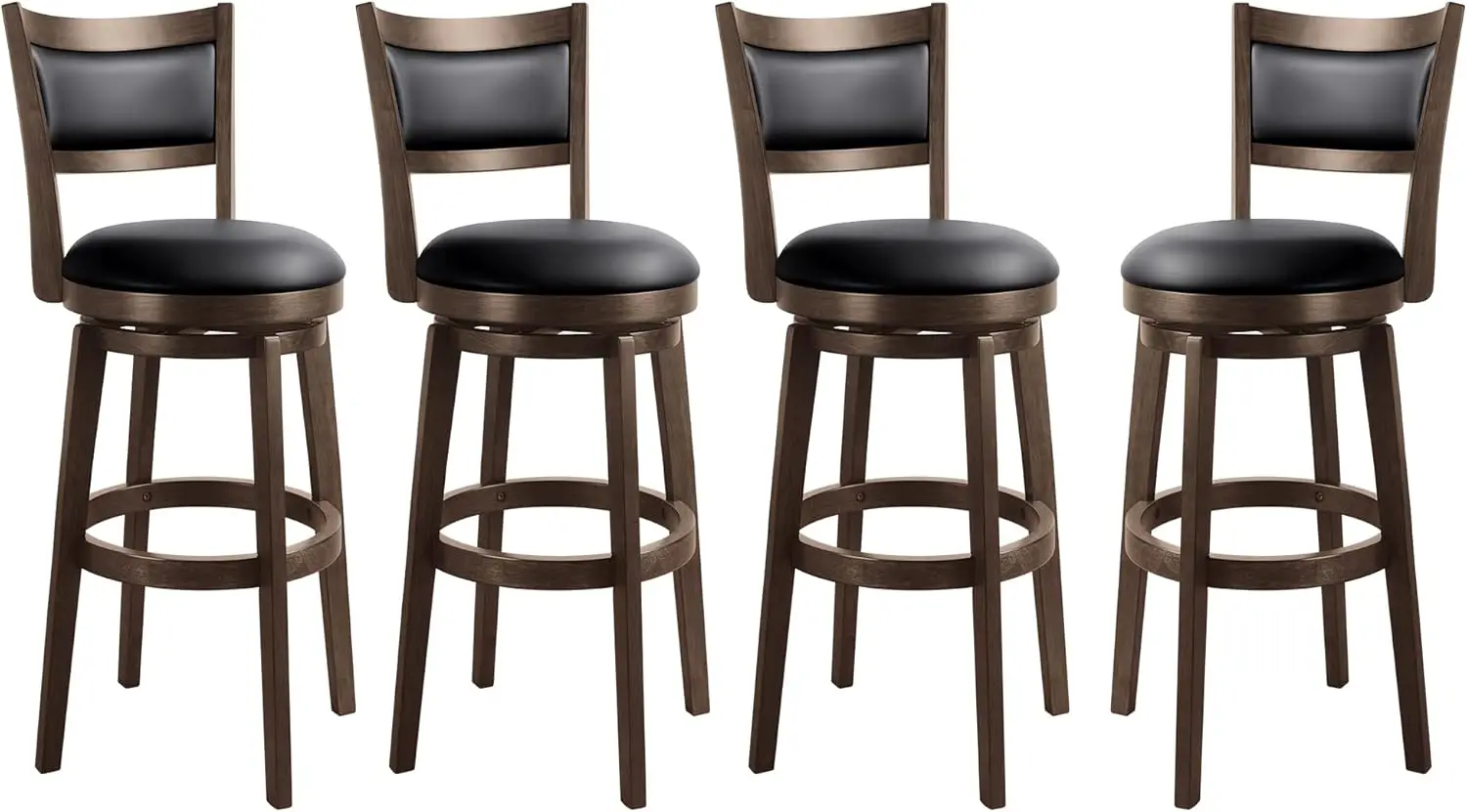 

Set of 4 - High Back Swivel Barstools with Black Faux Leather Upholstered Seat & Solid Wood Footrest