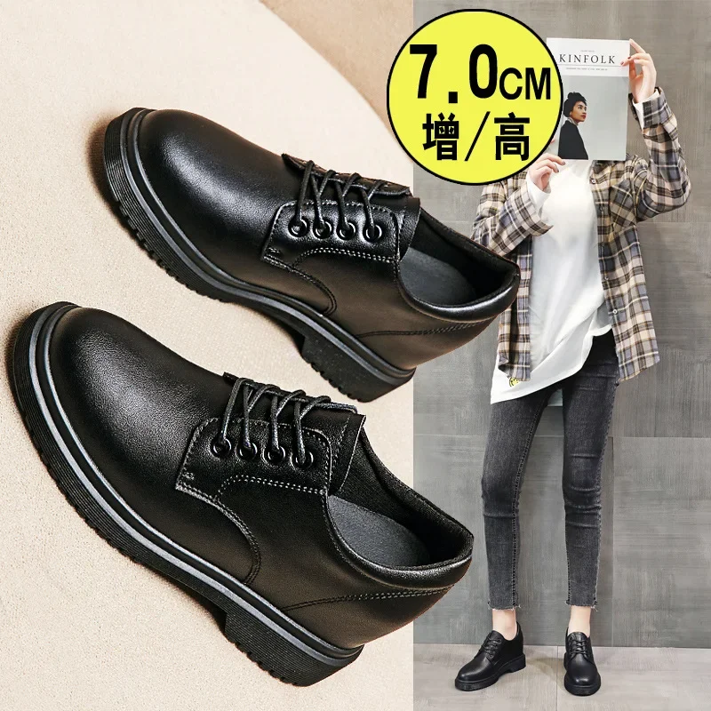 Genuine Leather Womens Single Shoes Spring Autumn Thick Heel Women Leather Shoes Increased Height 7cm Lace up Casual Women Shoe