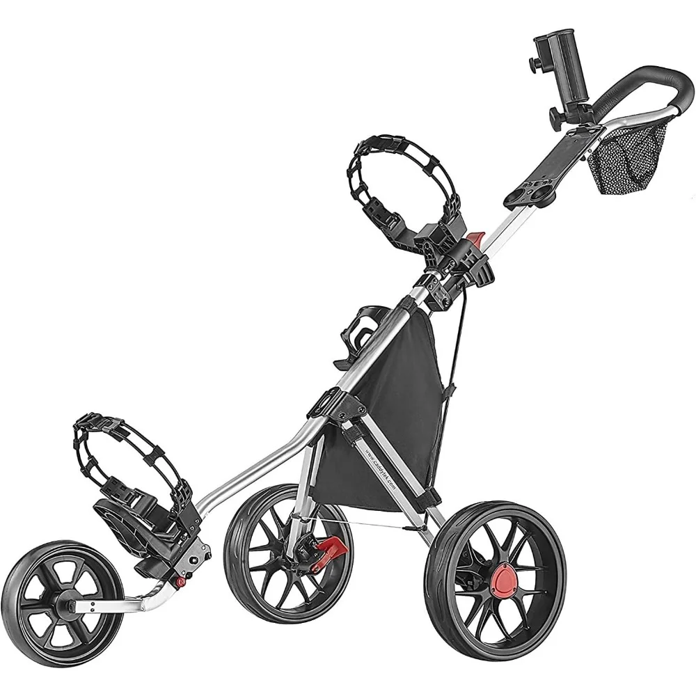 

3 Wheel Golf Push Cart - Deluxe, Lightweight, Umbrella Holder, Mesh Net and Beverage Holder Easy To Fold Caddy Cart Pushcart