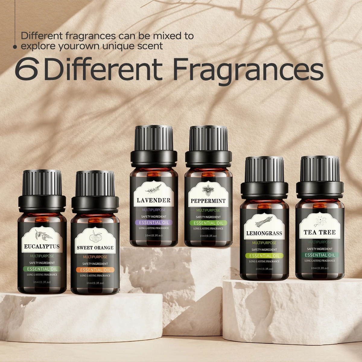 10ml essential oil 6 piece essential oil set: lavender peppermint eucalyptus sweet orange lemonsrass tea tree perfect gift view 2