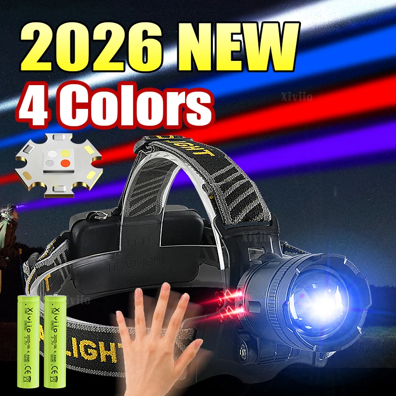 High Power Led Headlamp 4 Colors Multifunctional Headlight 18650 Rechargeable Head Flashlight Long Range Fishing Head Lantern