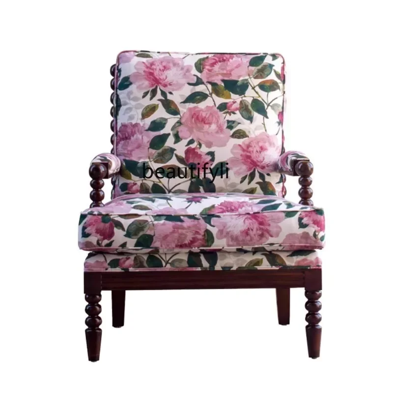 01American-Style Solid Wood Peony Pink Single Printed Fabric Leisure Sofa Pastoral Chair