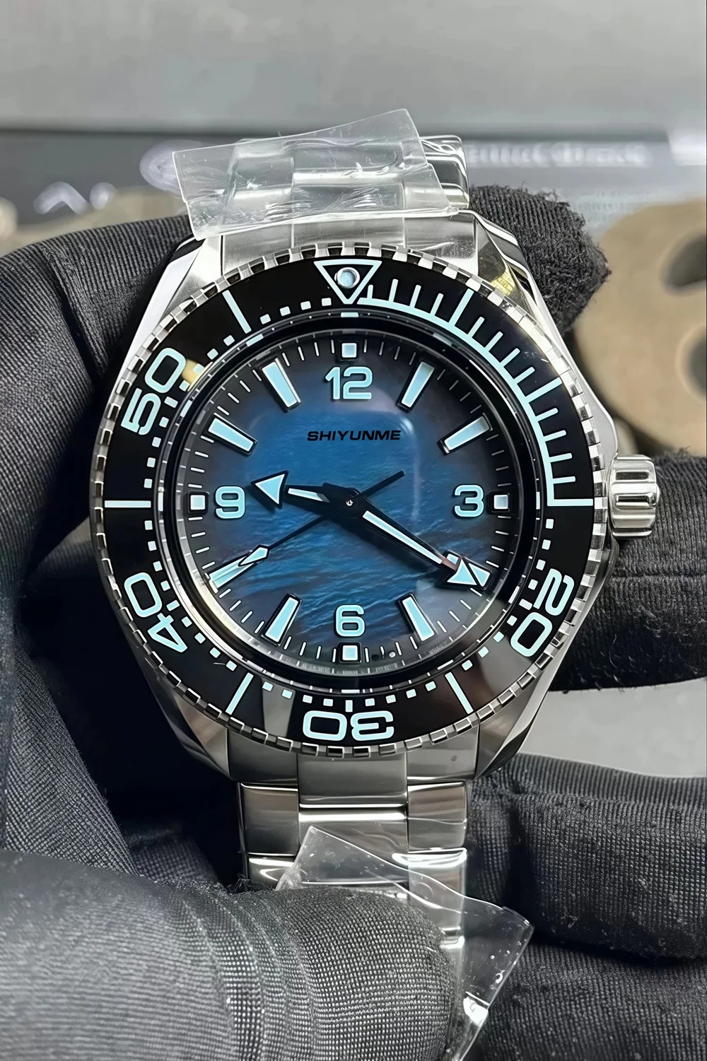 Relógio mecânico automático masculino 45mm azul preto moldura de cerâmica safira aço inoxidável relógio extra profundo relógio automático
