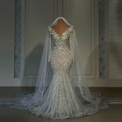 Gorgeous Crystals Lace Mermaid Bridal Dresses Sexy V Neck Beads Mesh Wedding Gowns Luxury Dubai Tulle Wedding Party Dress