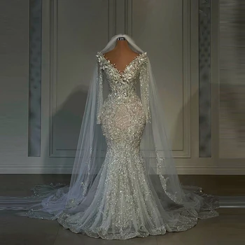 Gorgeous Crystals Lace Mermaid Bridal Dresses Sexy V Neck Beads Mesh Wedding Gowns Luxury Dubai Tulle Wedding Party Dress