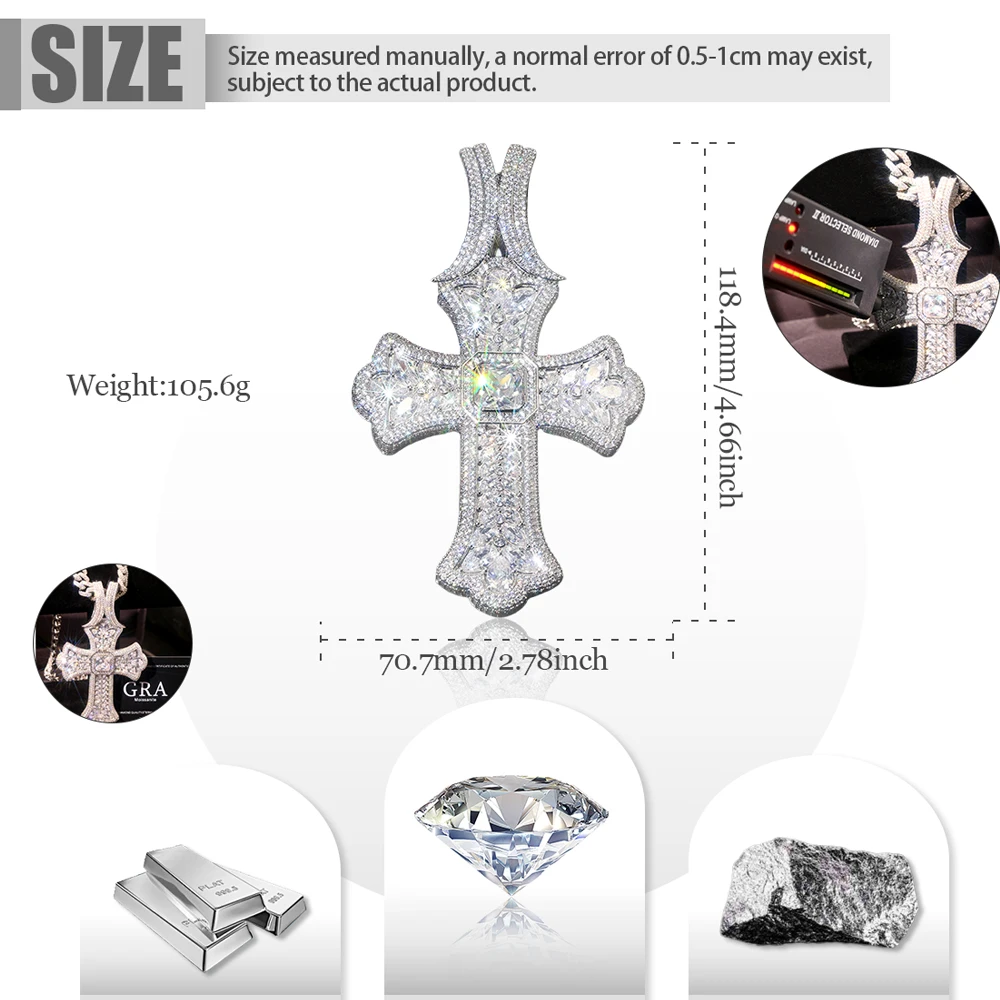 Full Diamond Cross Pendant Bright Sparkle Stone For Club Party Fine Jewelry Gifts for Men Boy Friends Rapper Jewelry Rapper Street Style Heavy Vintage Iced Out Gothic Cross Pendant Full Paved Cubic Zirconia 18K Gold Electroplated Hip Hop Bling Cuban Chain