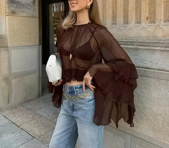 

Solid Color Round Neck with Black Fungus Edge and Large Flared Sleeve Design, Personalized Top, Women's Sexy See Through Top