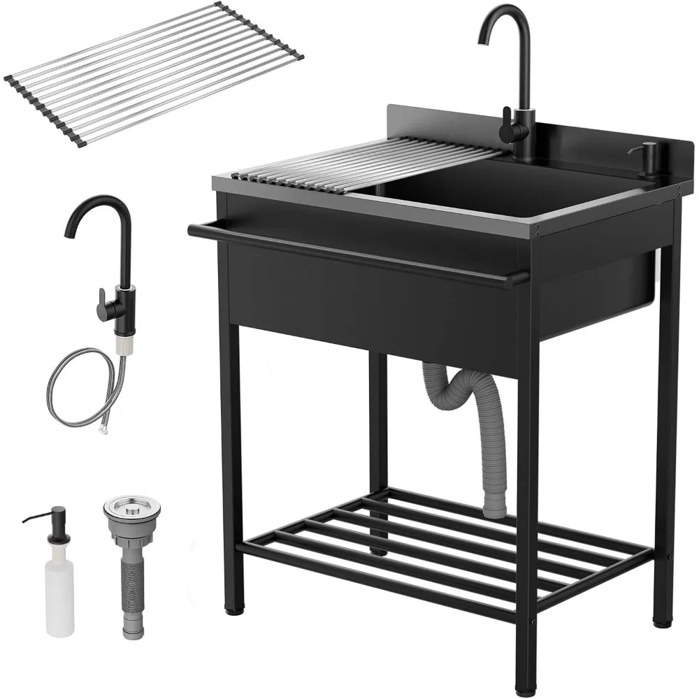 Kitchen Stainless Steel Utility Sink Free Standing with Faucet & Draining Rack