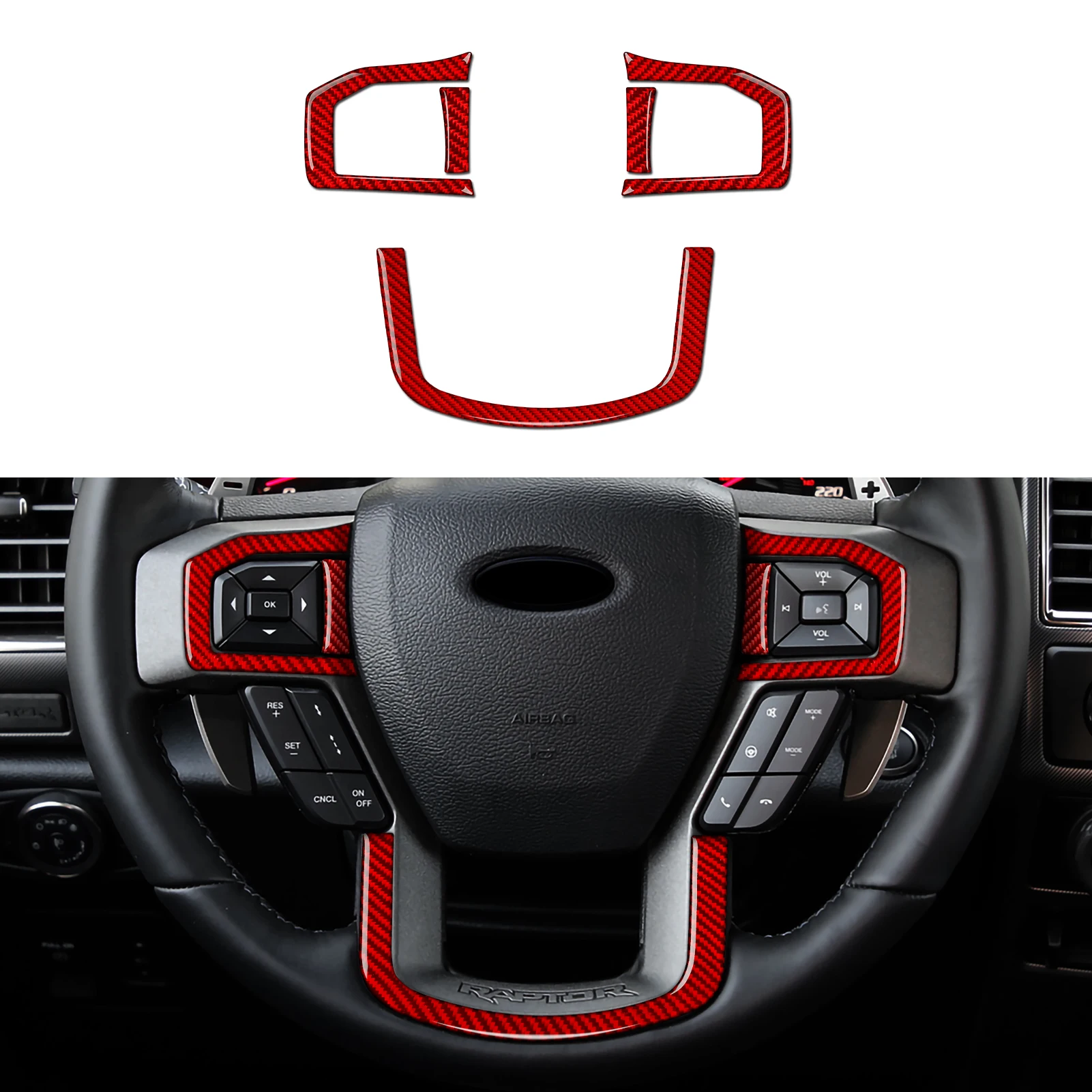 Red Carbon Fiber Interior Sticker. Car Steering Wheel Panel. For Ford F-150 250 350 450 550 (2015-2022) Trim Accessories.