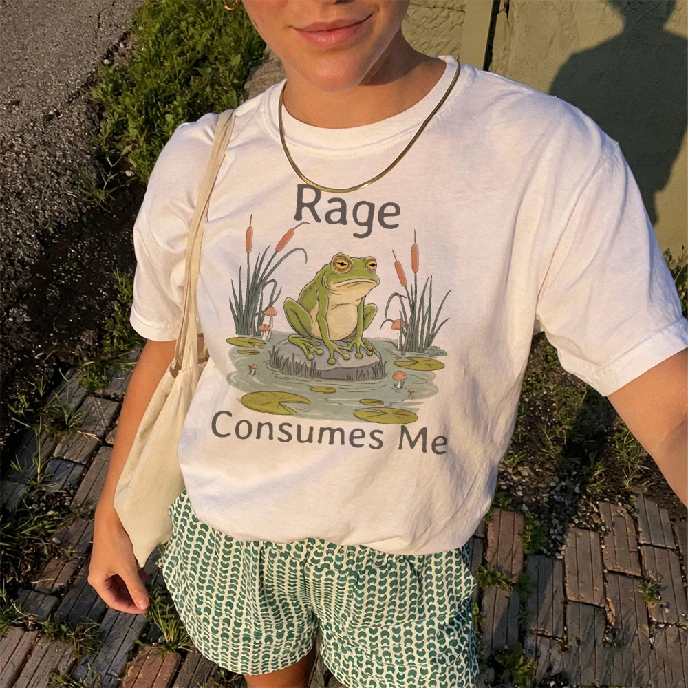 Rage Consumes Me Cute Frog Sitting on Lotus Leaf Meme Women Humor T Shirt Y2K Harajuku Trendy Top Relaxed Summer Outfit