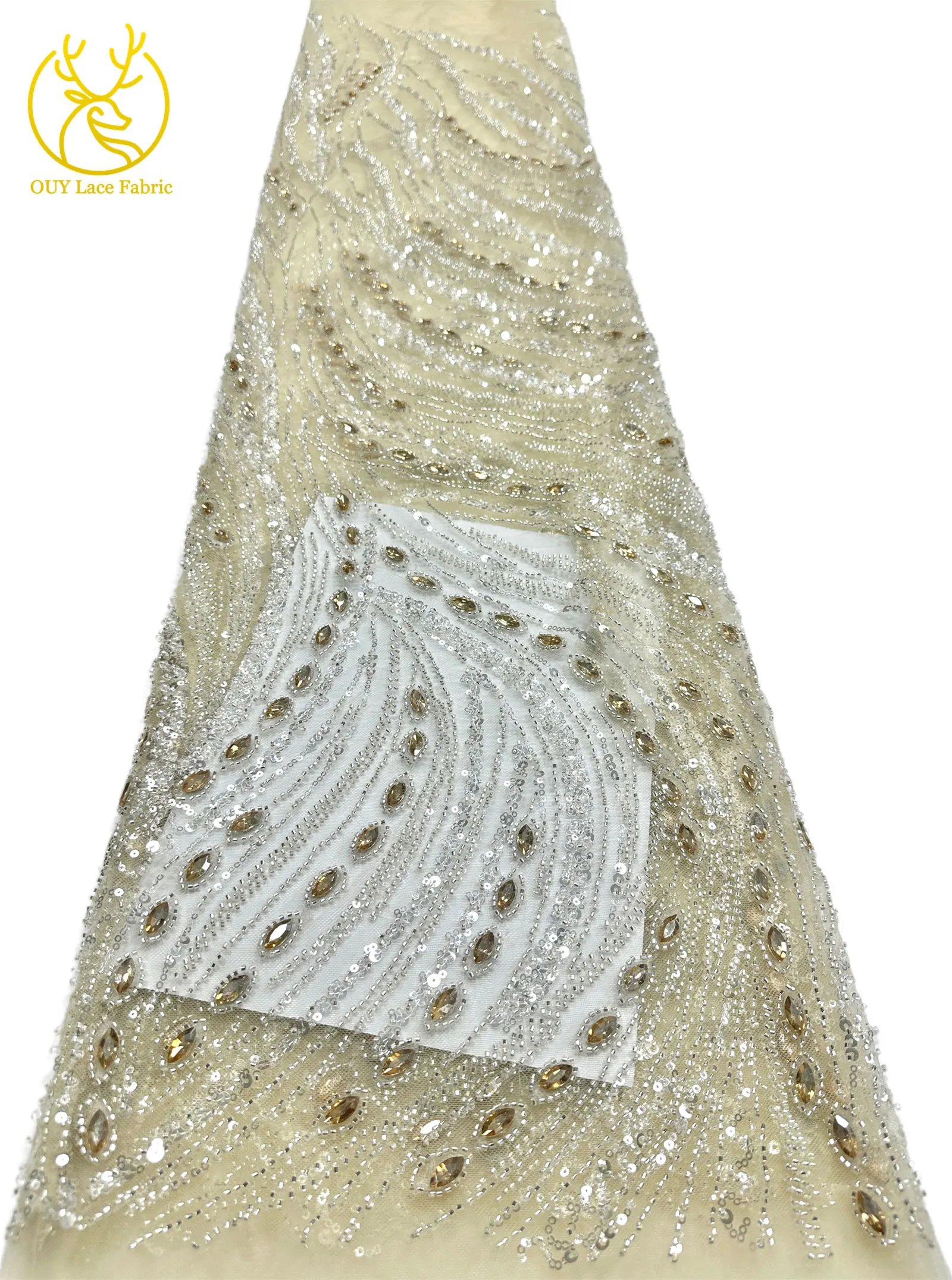 Marineblauer, hochwertiger, luxuriöser, österreichischer Diamant-Perlen-Spitzenstoff im neuen Stil 2026, afrikanischer Pailletten-Spitzenstoff für Brautkleider und Hochzeitsfeiern. – Detail 24